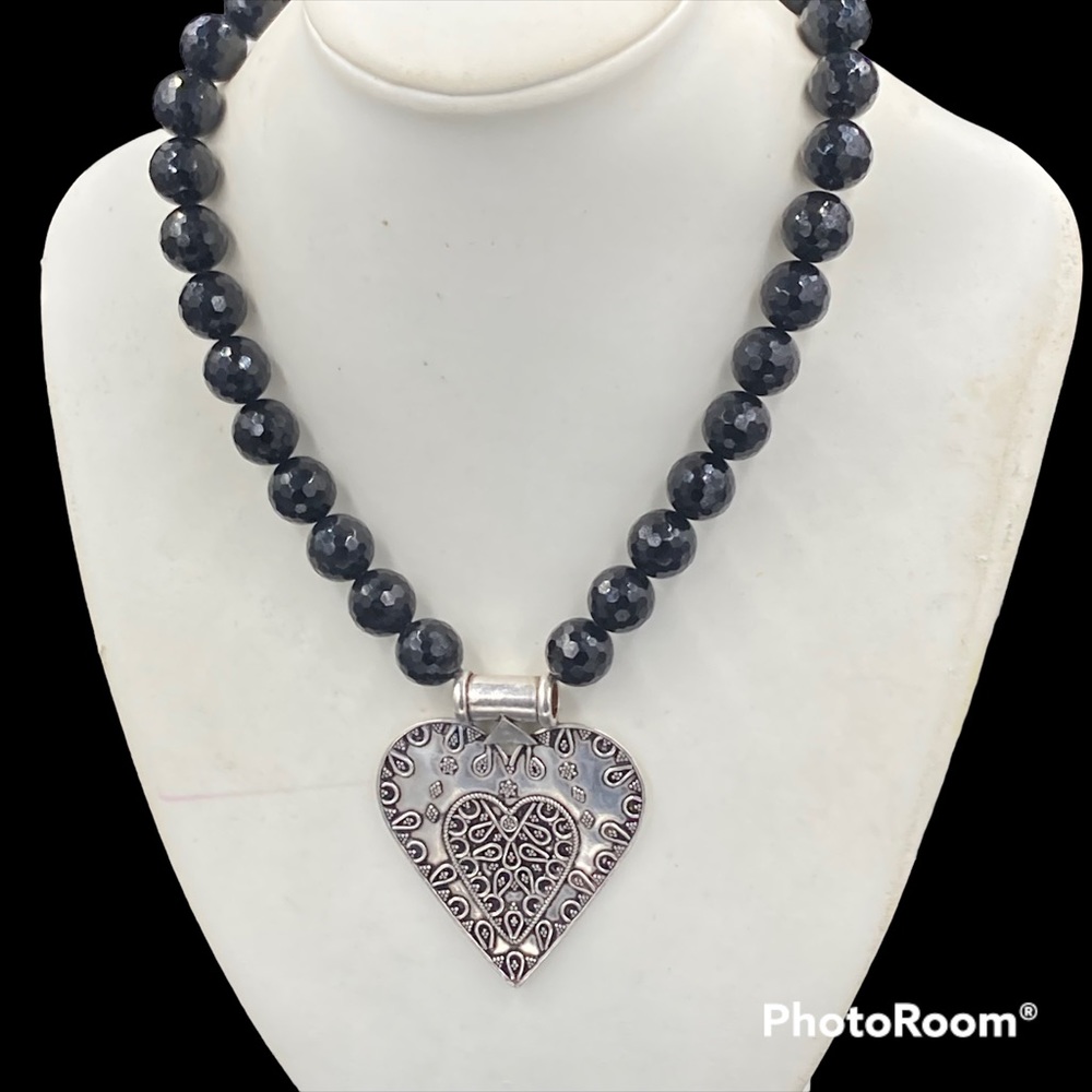 Artisan Sterling Heart Black Glass Bead Necklace